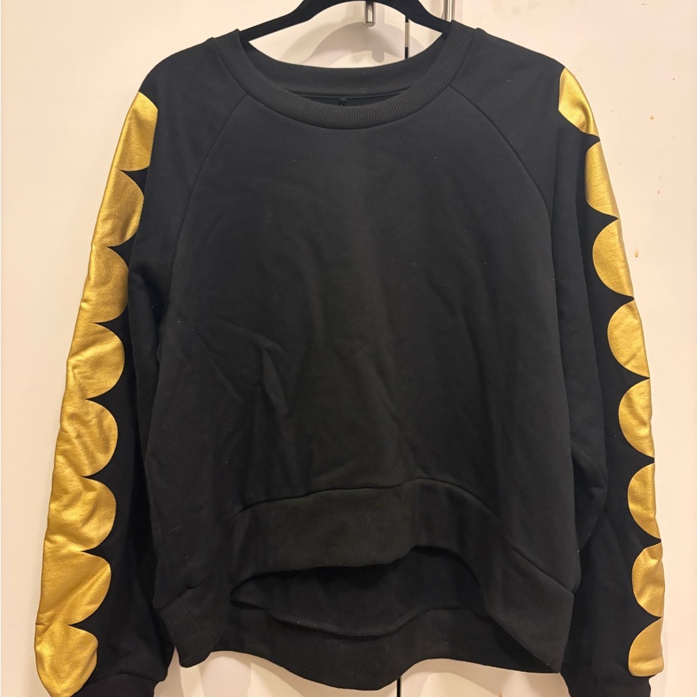 Cynthia Rowley Black Sweatshirt with Metallic Gold Sleeve Accents